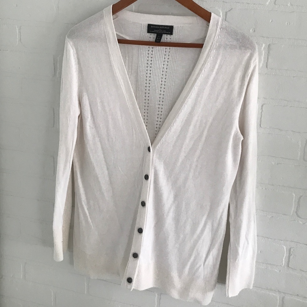 Banana Republic Luxe Blend Cardigan Silk Cashmere Pointelle White Sz MP - Picture 4 of 8